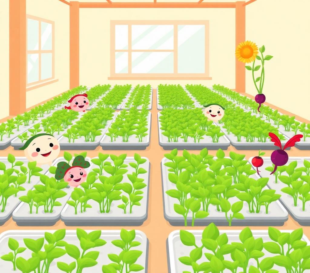 Cartoon illustration of the Aarav Greens microgreen farm in Palam